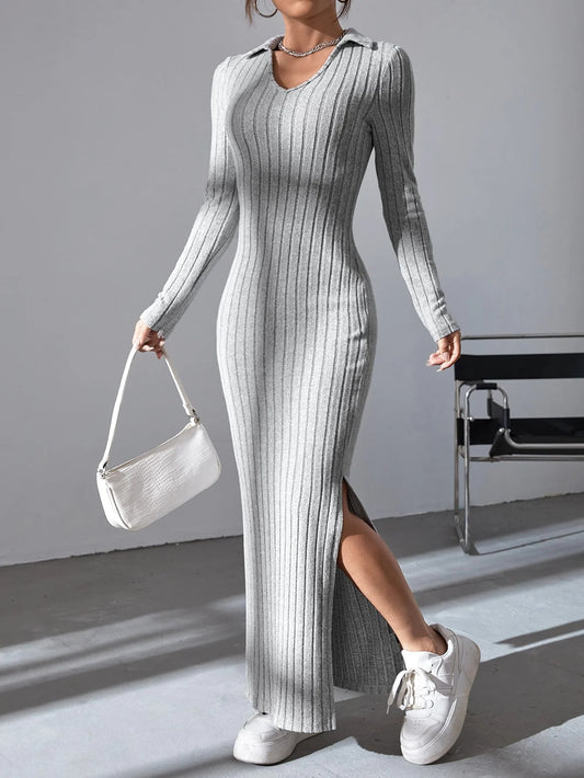 Knit V-Neck Split Dress,Long Sleeve